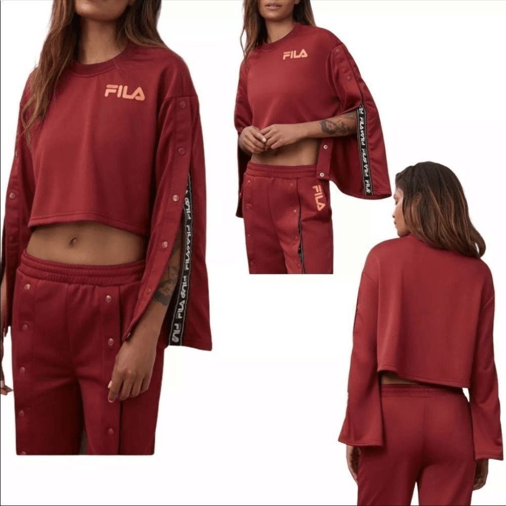 Fila Sweatshirt Womens S Red Aurora Cropped Activewear Y2K Sporty Snap Button